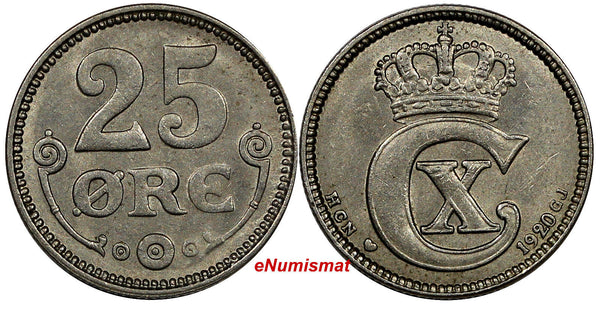 Denmark Christian X 1920 HCN; GJ 25 Ore FIRST DATE TYPE AU-Unc KM# 815.2a