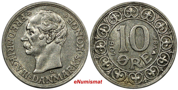 Denmark Frederik VIII Silver 1907 (h) VBP; GJ 10 Ore XF Condition KM# 807 (9694)