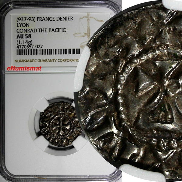 FRANCE Burgundy.Conrad the Pacific Silver (937-993) Denier NGC AU58 Lyon Dep-531