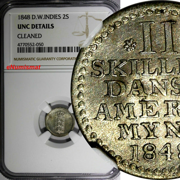 DANISH WEST INDIES Frederik VII Silver 1848 2 Skilling NGC UNC Details KM 19