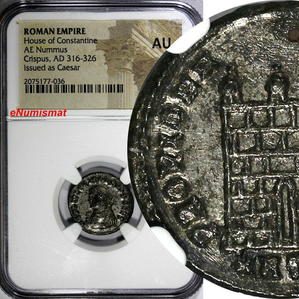 Roman Empire Silvered CRISPUS as CAESAR AD 316-326 NUMMUS CAMP GATE NGC AU (036)