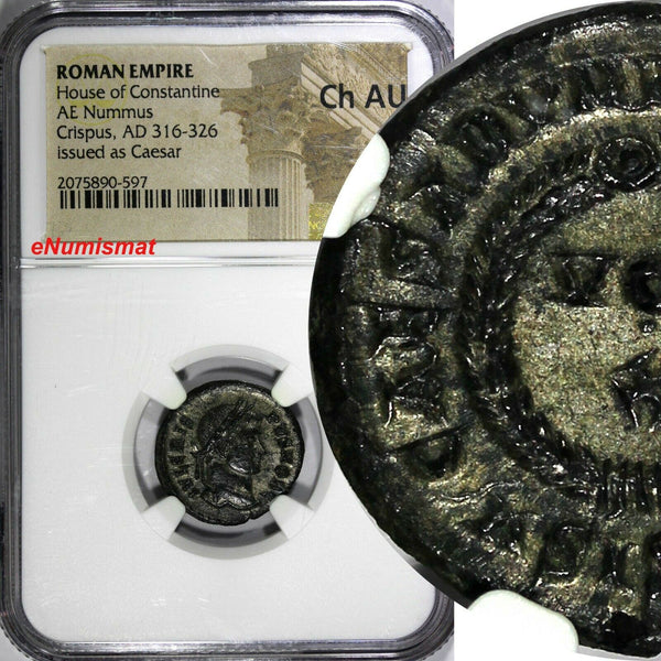 Roman House Constantine Silvered Nummus Crispus AD 316-326 /VOT X NGC Ch AU (97)
