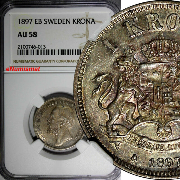 SWEDEN Oscar II Silver 1897 EB 1 Krona NGC AU58 Nice Toned SCARCE KM# 760