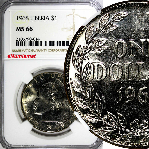 Liberia 1968 $1.00 Dollar NGC MS66 TOP GRADED COIN BY NGC KM# 18a.2 (014)