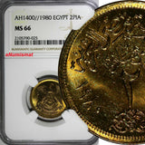 Egypt Aluminum-Bronze AH1400//1980 2 Piastres NGC MS66 TOP GRADED KM# 500 (025)