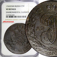 Russia Catherine II Copper 1763 SPM 5 Kopecks NGC VF DETAILS C# 59.7 (004)