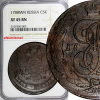 Russia Catherine II Copper 1788 MM 5 Kopecks NGC XF45 BN RED MINT C# 59.6 (05)