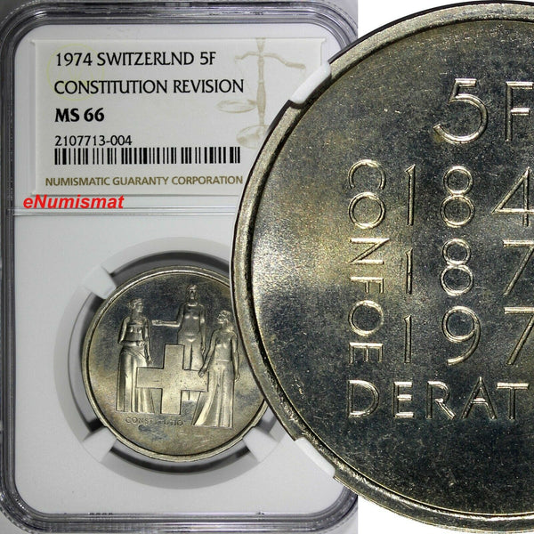 Switzerland 1974 5 Francs NGC MS66 Revision of Constitution TOP GRADED KM#52(4)