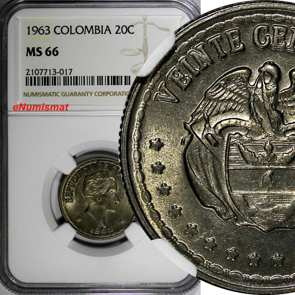 Colombia 1963 20 Centavos Simon Bolivar NGC MS66 TOP GRADED BY NGC KM# 215.2(7)