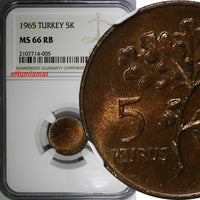 Turkey Bronze 1965 5 Kurus NGC MS66 RB TOP GRADED BY NGC KM# 890.1 (005)