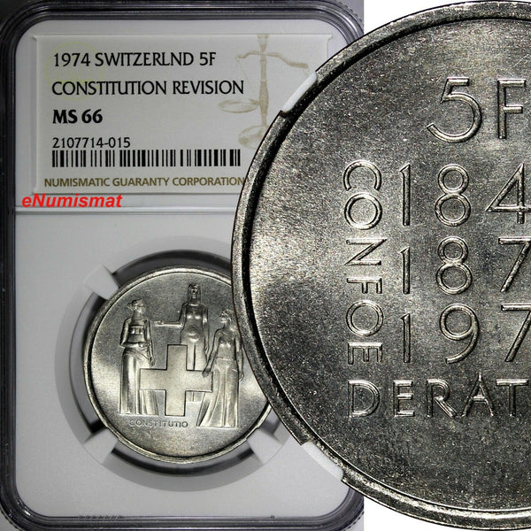 Switzerland 1974 5 Francs NGC MS66 Revision of Constitution TOP GRADED KM#52(5)