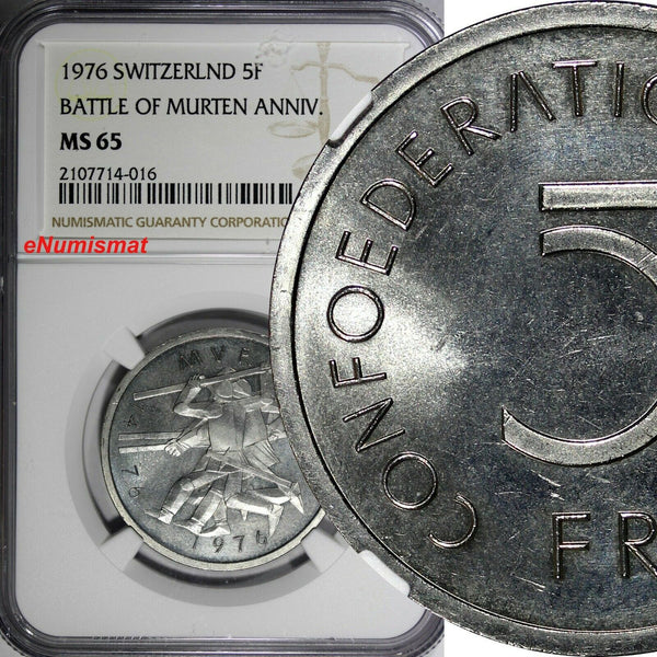 Switzerland 1976 5 Francs Battle of Murten NGC MS65 TOP GRADED KM# 54 (016)