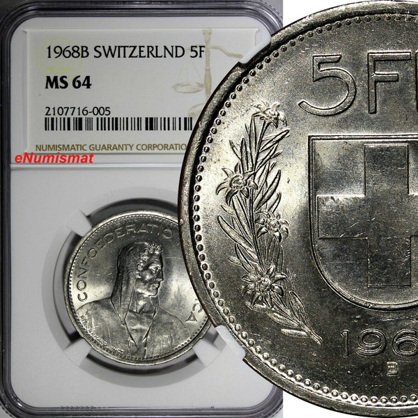 Switzerland 1968 B 5 Francs NGC MS64 1st Year for Type KM# 40a.1 (005)