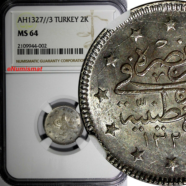 Turkey Mehmed V Silver AH1327//3 (1911) 2 Kurush NGC MS64 Toned KM# 749 (002)