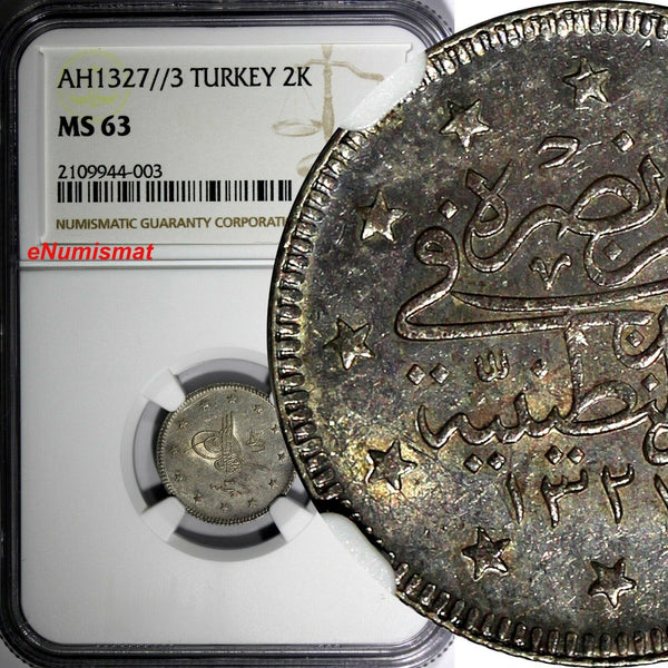 Turkey Mehmed V Silver AH1327//3 (1911) 2 Kurush NGC MS63 Toned KM# 749 (003)