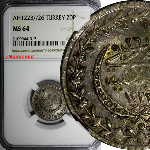 Turkey Mahmud II Silver AH1223//26 (1833) 20 Para NGC MS64 TOP GRADED KM# 596(2)