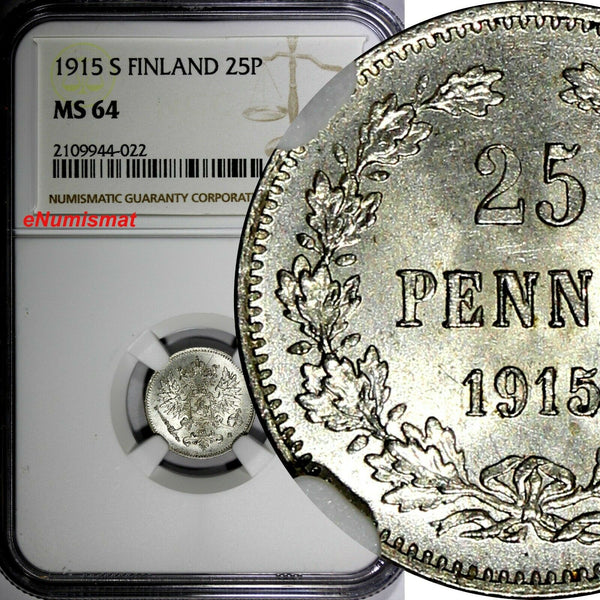 Finland Nicholas II Silver 1915 S 25 Pennia NGC MS64 WWI GEM BU KM #6.2 (022)