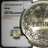 Finland Nicholas II Silver 1915 S 25 Pennia NGC MS66 WWI GEM BU KM #6.2 (024)