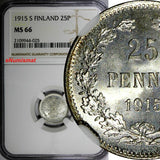 Finland Nicholas II Silver 1915 S 25 Pennia NGC MS66 WWI GEM BU KM #6.2 (025)
