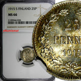 Finland Nicholas II Silver 1915 S 25 Pennia NGC MS66 WWI GEM BU KM #6.2 (026)