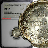 Finland Nicholas II Silver 1916 S 25 Pennia NGC MS67 GEM BU KM #6.2 (027)