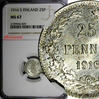 Finland Nicholas II Silver 1916 S 25 Pennia NGC MS67 GEM BU KM #6.2 (029)