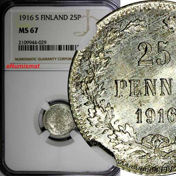 Finland Nicholas II Silver 1916 S 25 Pennia NGC MS67 GEM BU KM #6.2 (029)
