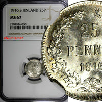 Finland Nicholas II Silver 1916 S 25 Pennia NGC MS67 GEM BU KM #6.2 (030)