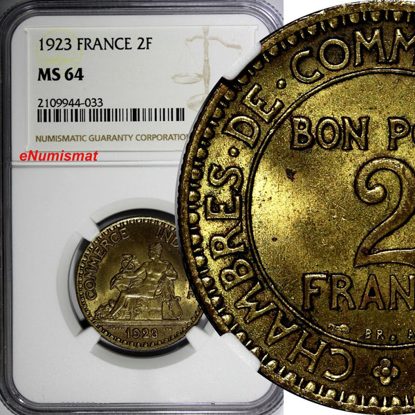 France Aluminum-Bronze 1923 2 Francs NGC MS64 French Chamber KM# 877 (033)