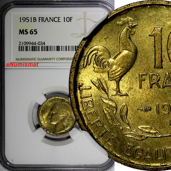 France Aluminum-Bronze 1951 B 10 Francs NGC MS65 1 GRADED HIGHEST KM# 915.2 (4)
