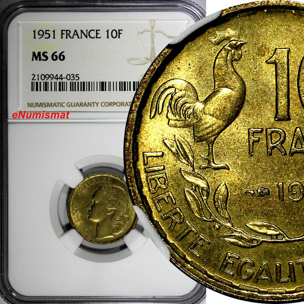 France Aluminum-Bronze 1951 10 Francs NGC MS66 TOP GRADED KM# 915.1 (035)