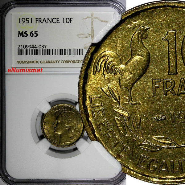 France Aluminum-Bronze 1951 10 Francs NGC MS65 KM# 915.1 (037)