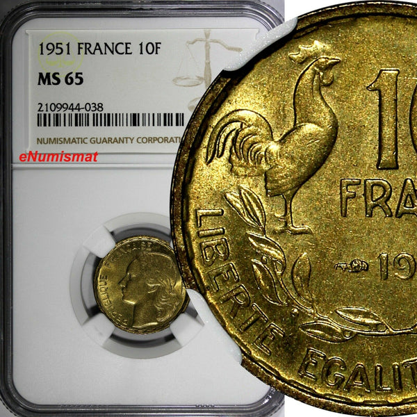 France Aluminum-Bronze 1951 10 Francs NGC MS65 KM# 915.1 (038)