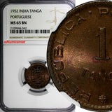 India-Portuguese Bronze 1952 Tanga, 60 Reis NGC MS65 BN  KM# 28 (043)