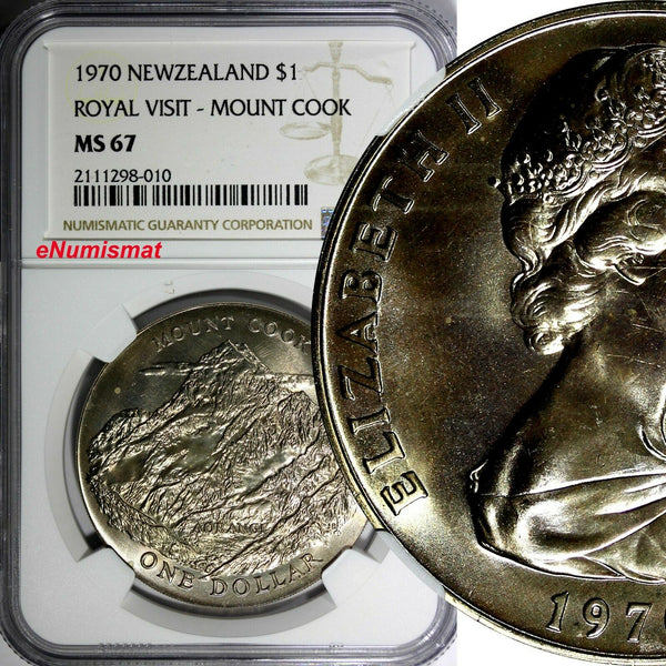 New Zealand Elizabeth II 1970 $1.00 Dollar NGC MS67 Royal Visit-Mount Cook KM#42