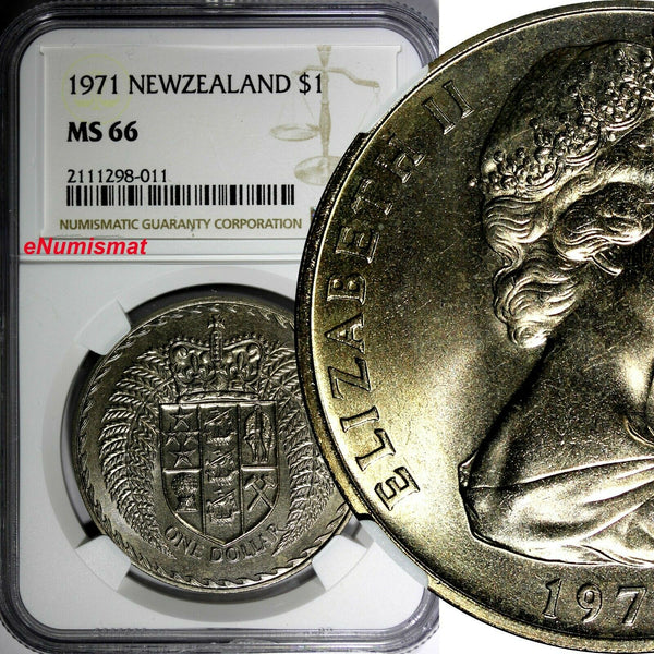 New Zealand Elizabeth II 1971 $1.00 Dollar NGC MS66 GEM TOP GRADED KM# 38.2 (11)