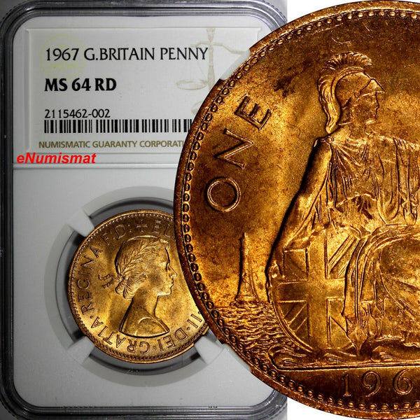 Great Britain Elizabeth II Bronze 1967 1 Penny NGC MS64 RD RED BU KM# 897 (02)