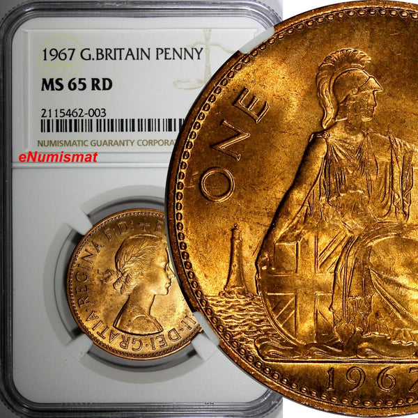 Great Britain Elizabeth II Bronze 1967 1 Penny NGC MS65 RD RED BU KM# 897 (03)