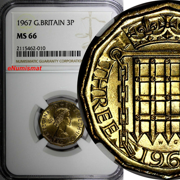 Great Britain Elizabeth II 1967 3 Pence NGC MS66 TOP GRADED BY NGC KM# 900 (010)