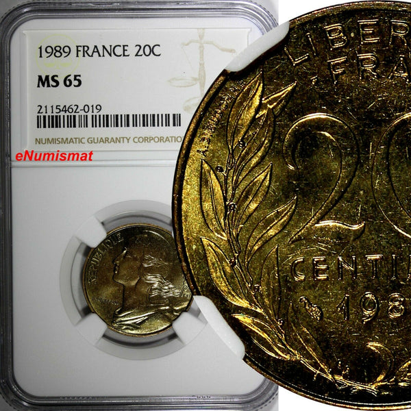 France  Aluminum-Bronze 1989 20 Centimes NGC MS65 TOP GRADED GEM KM# 930 (019)