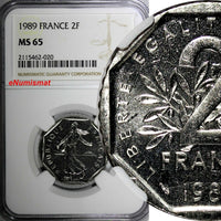 France 1989 2 Francs NGC MS65 Mint-83,000 TOP GRADED  KM# 942.1 (020)