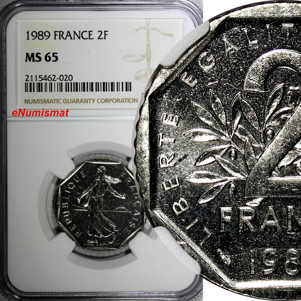 France 1989 2 Francs NGC MS65 Mint-83,000 TOP GRADED  KM# 942.1 (020)