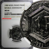 France Nickel 1988 1 Franc 30th Anniversary NGC MS64 TOP GRADED KM# 963 (023)
