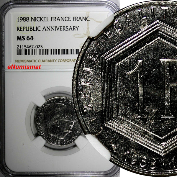 France Nickel 1988 1 Franc 30th Anniversary NGC MS64 TOP GRADED KM# 963 (023)