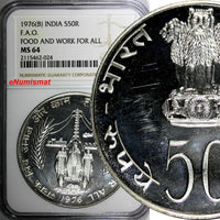 India-Republic Silver 1976 (B) 50 Rupees FAO NGC MS64 Mintage-42,000 KM# 257 (4)