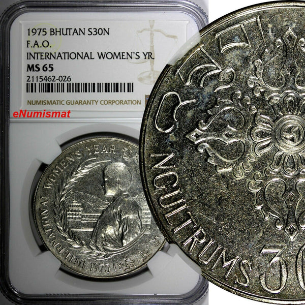 Bhutan Silver 1975 30 Ngultrums FAO NGC MS65 Women's Year 39mm KM# 44 (026)