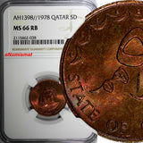 QATAR Khalifah Bronze  AH1398//1978 5 Dirhams NGC MS66 RB TOP GRADED KM# 3 (038)