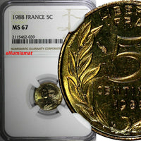 France Aluminium-Bronze 1988 5 Centimes NGC MS67 TOP GRADED GEM KM# 933 (039)