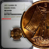 Gambia Bronze 1971 5 Bututs NGC MS64 RD FULL RED  TOP GRADED BY NGC KM# 9 (044)