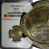 India-British George VI 1940 (C) 2 Annas NGC MS63 1 Graded Highest KM# 541 (054)